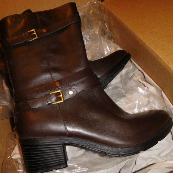 NEW 9.5M BANDOLINO URSAL MID-SHAFT LEATHER BOOT BROWN BLOCK HEEL - Picture 1 of 11